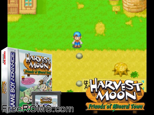 Harvest Moon - Friends Of Mineral Town (Germany) Gameboy Advance game showing 3D box cover and gameplay screenshot